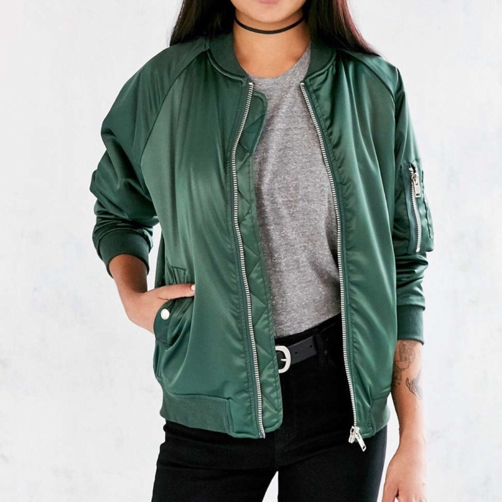 Unif x Urban Outfitters Green Satin Bomber (NWOT)